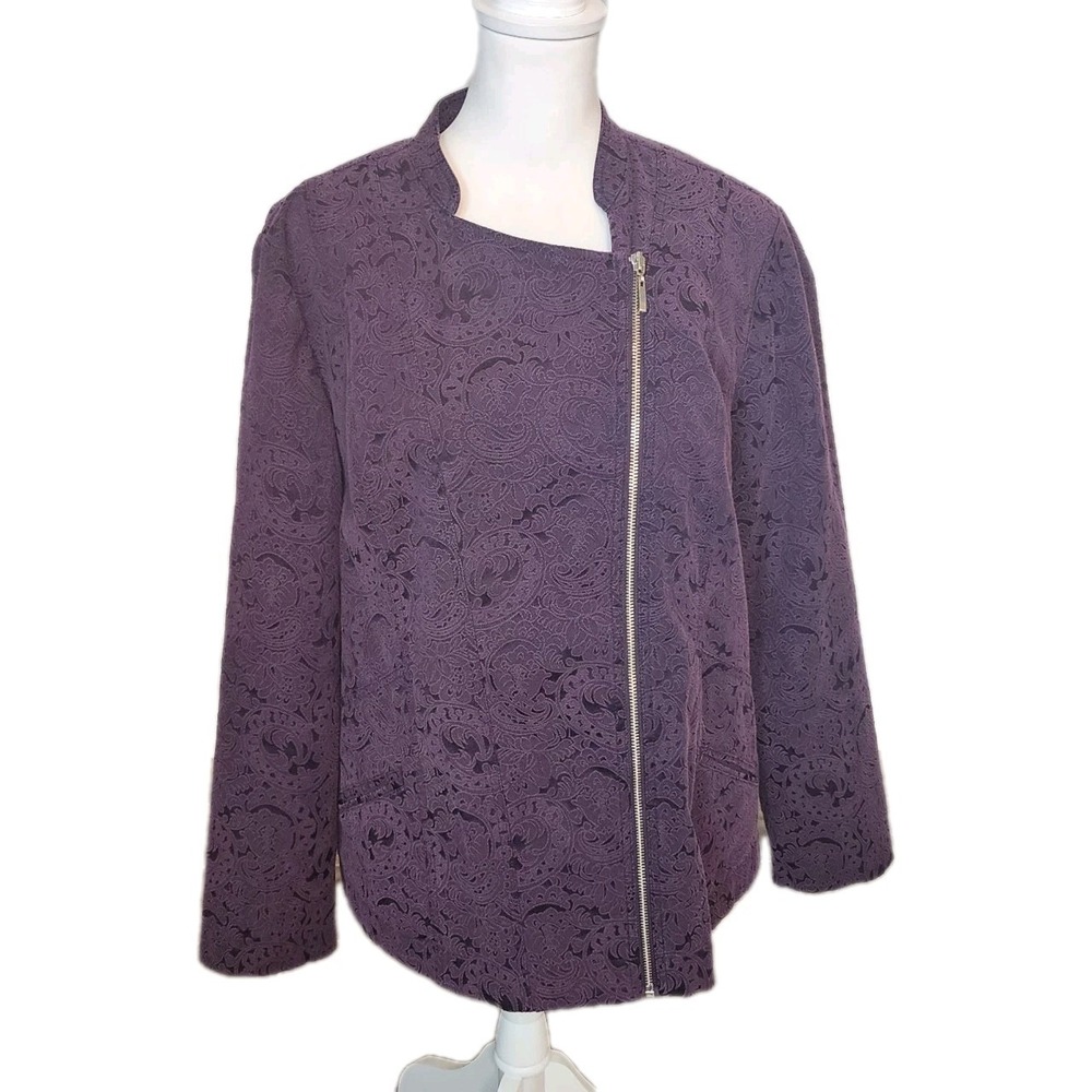 Chico's Jacket Size 3‎ Womens XL Purple Lace Asymmetrical Zip Front Pockets Work